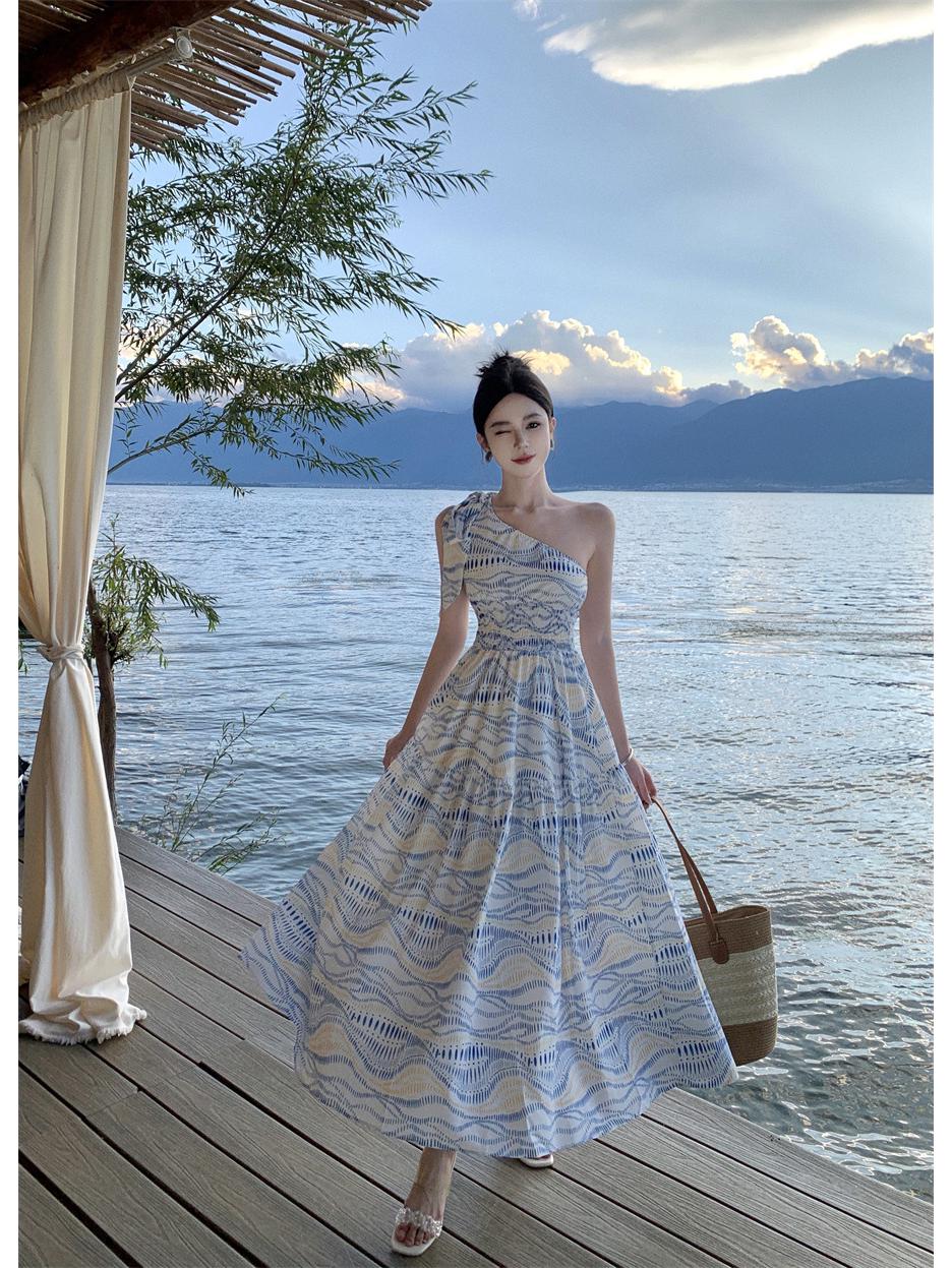 

Популярное в этом году французское длинное платье-халтер с открытыми плечами - Летнее отпускное приморское платье в стиле масляной живописи для женщин Small