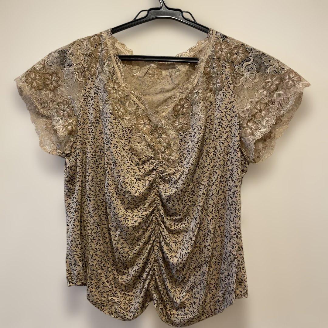 ALBA ROSA Short Sleeve Lace Tops Beige Floral Pattern 44