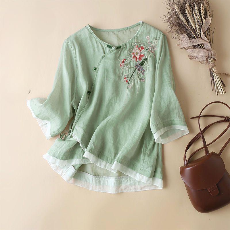 Ethnic Style Plate Buckle Embroidered Five-point Sleeve Shirt Oblique Placket Ladies Shirt