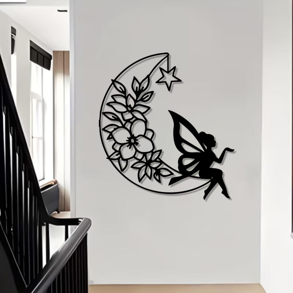 Wrought Iron Fairy Moon Wall Art Fantasy Home Decor Garden Statue Rustproof