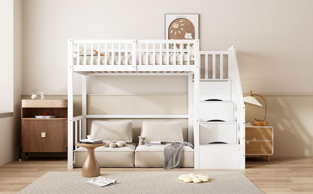 Letto a soppalco 90x200 con scala di sicurezza e contenitore, struttura del letto in legno massello di pino per bambini e adolescenti, bianco