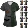 Ladies Halloween Print V Neck Medical Scrub Top Short Sleeve Pocket Nurse Uniform Shirt for Healthcare Professionals Comfortable Fit