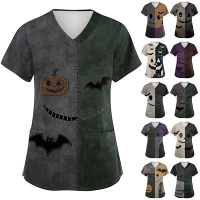 Ladies Halloween Print V Neck Medical Scrub Top Short Sleeve Pocket Nurse Uniform Shirt for Healthcare Professionals Comfortable Fit
