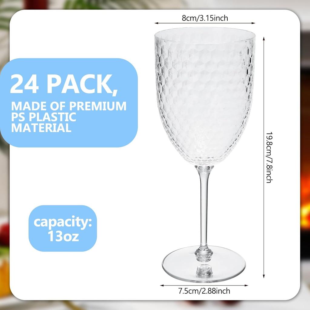 24 Pcs 13oz Reusable Plastic Wine Glasses, Detachable Stem Champagne Flutes, Crystal Pink Goblets for Wedding, Christmas Party,