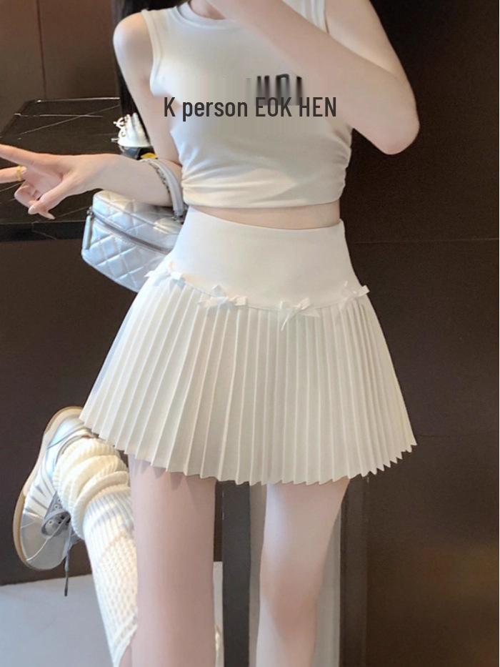 Mini-jupe plissée A-line à nœud doux - Taille haute, amincissante, style universitaire pour femmes