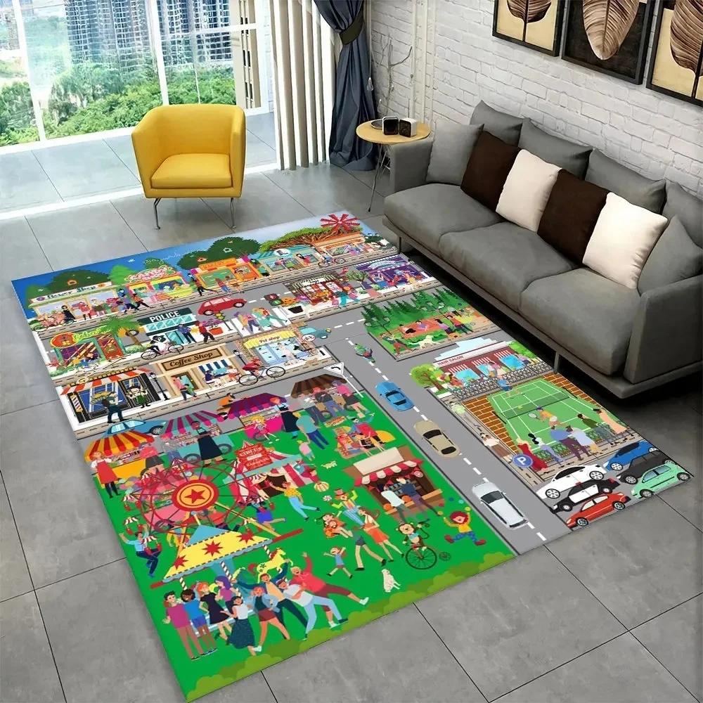 Interactive Highway City Traffic Floor Mat Large Non-Slip Carpet for Playroom Living Room Fun Rug Kids' Bedroom Play Area Decor