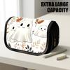 1pc Portable Flip-Top Halloween Themed Pencil Case with Double-Layer Zipper, Cute Ghosts And Autumn Leaves White Design, Large Capacity Thickened Oxfo