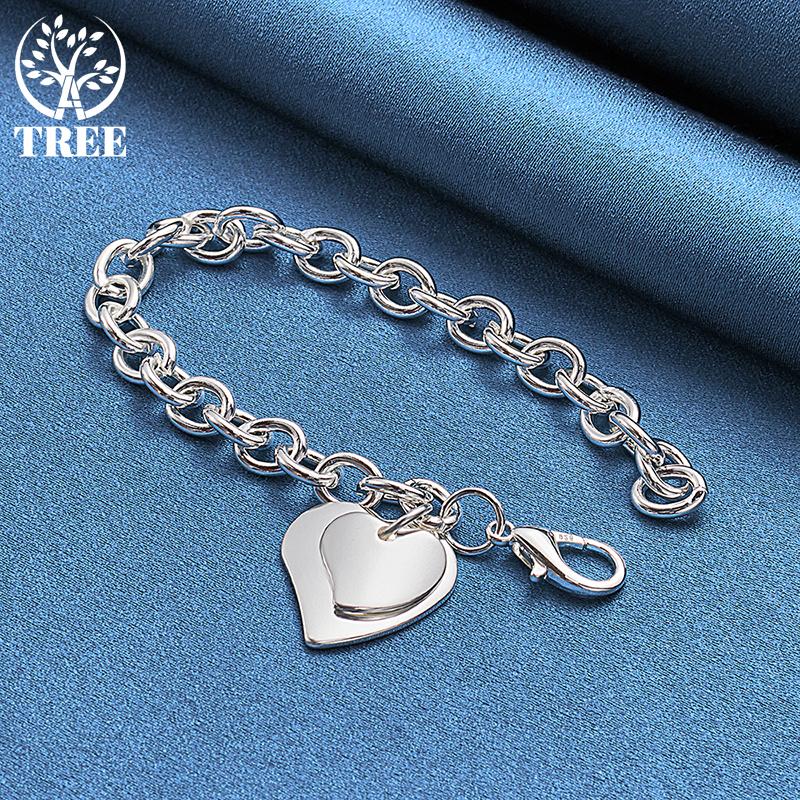 925 Sterling Silver Double Heart Pendant Bracelet Jewelry