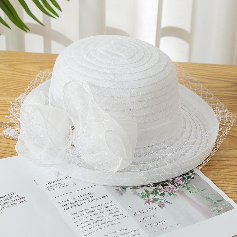 Curled Mesh Top Hat Summer Women's Fashion Hat Flower Veil Shade Basin Hat Sunscreen Sun Hat Large Brim
