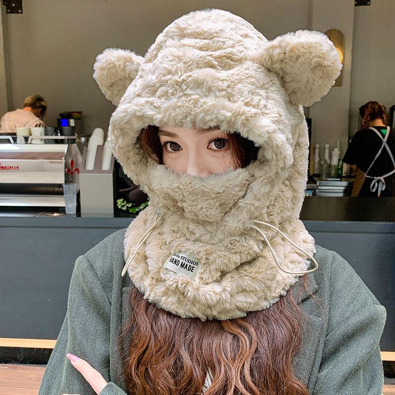 Fleece Thick Mask Scarf Integrated Cycling Warm Women's Scarf One-piece Plush Bear Ear Hat Men