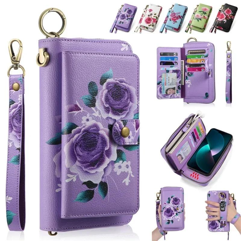 Magnetic Lanyard Leather Zipper Wallet Card Phone Case for iPhone 17 Air 16 15 Pro Max 14 Plus 13 12 11 XS XR X Flip Stand Cover