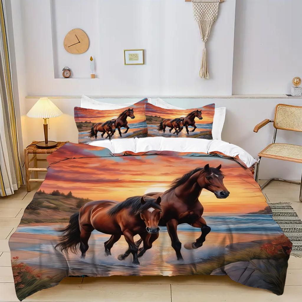 Sonnenuntergang Pferde Muster 3D Gedrucktes Bettwäsche-Set Luxus Heimtextilien Bettbezug Weich Bequem Polyester Bettdeckenbezug Kissenbezüge