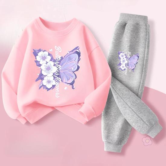Spring Long Sleeved Top Long Pants Two Piece Sets for Girls Elegant Butterfly Printed Hoodies Suit Children's Outfits Tracksuit