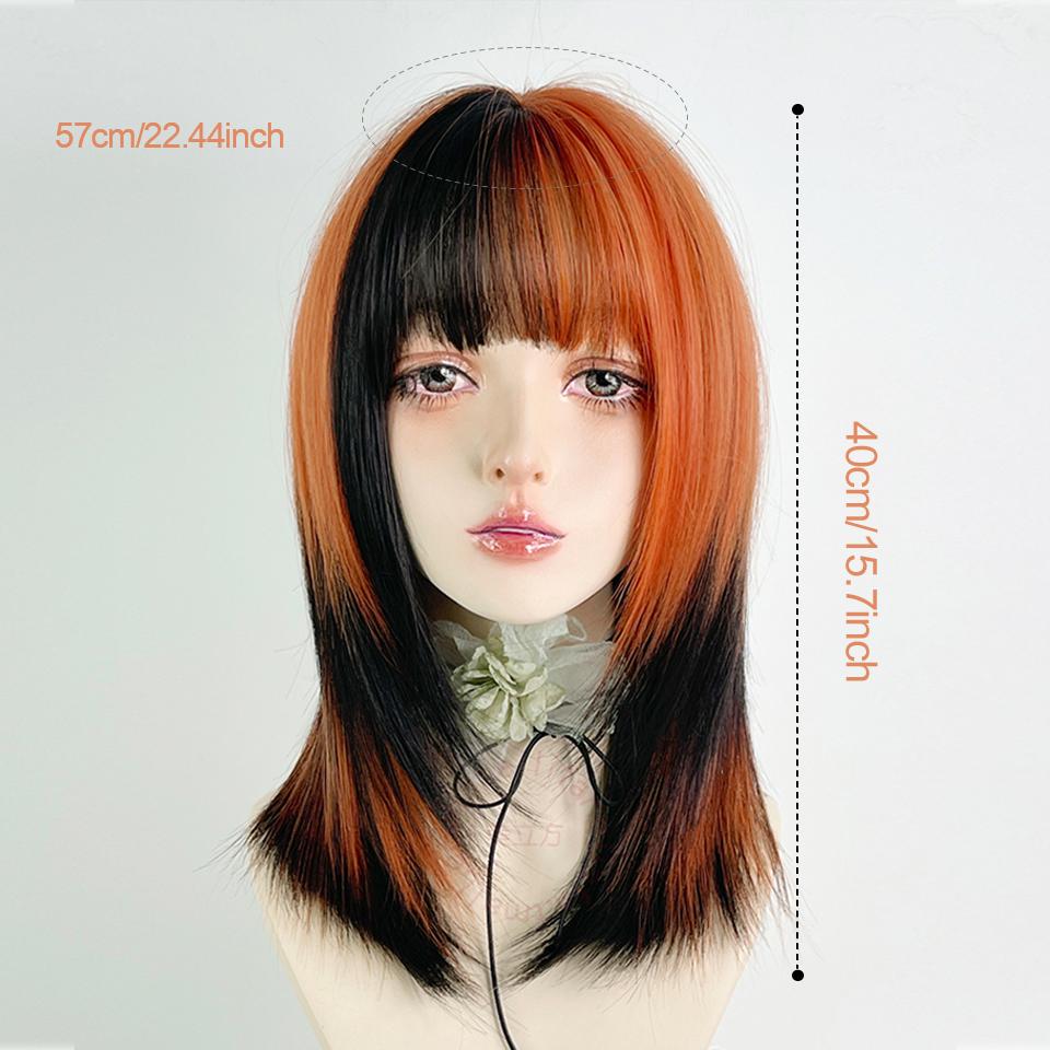 Synthetic Short Straight Hair Black Dirty Orange Bangs Highlight Dyed Wigs Lolita Cosplay Hair Wig For Women Y2K Daily Color Pun