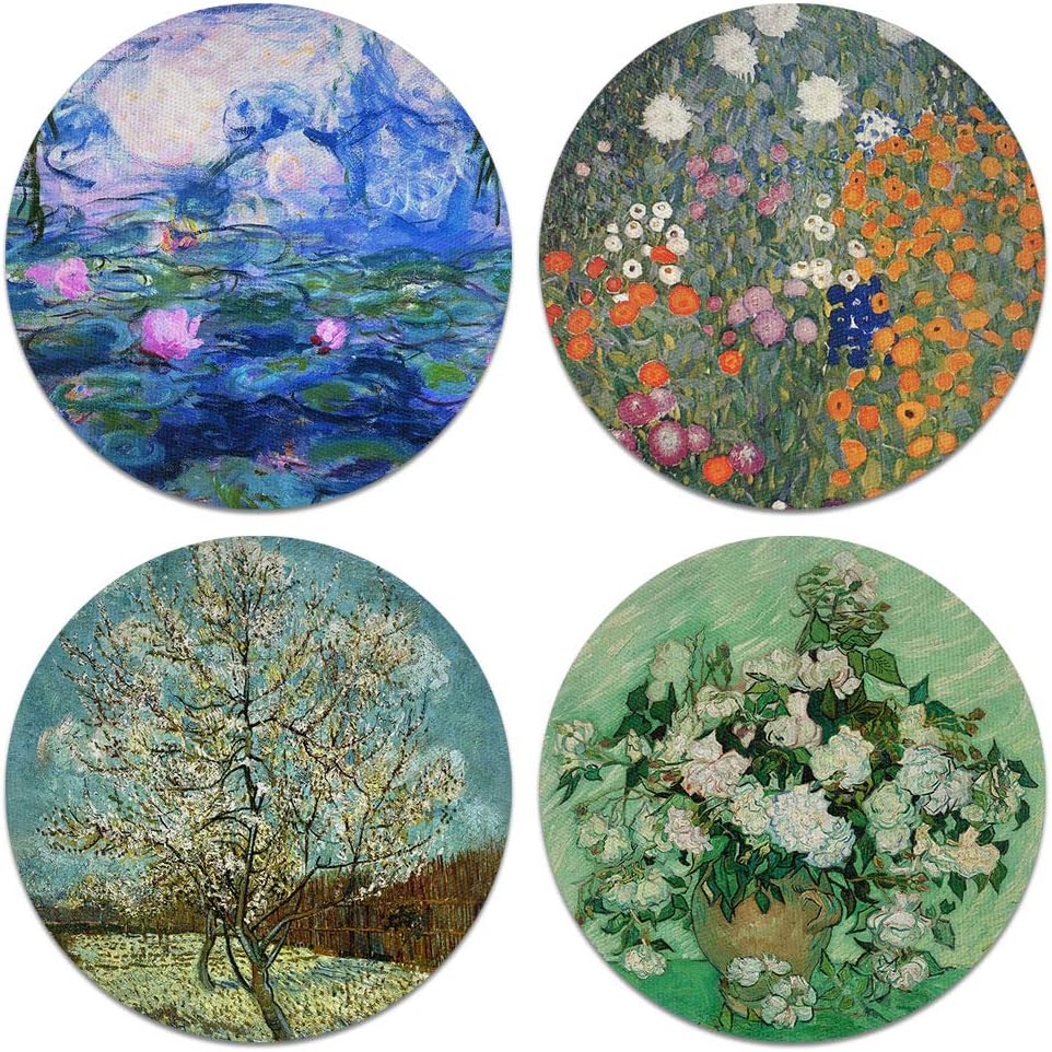 CARIBOU Coasters - Irises, Mulberry, The Pink Peach Tree by Vincent Van Gogh, Gustav Klimt Flower Garden Design Absorbent Round Fabric Felt Neoprene