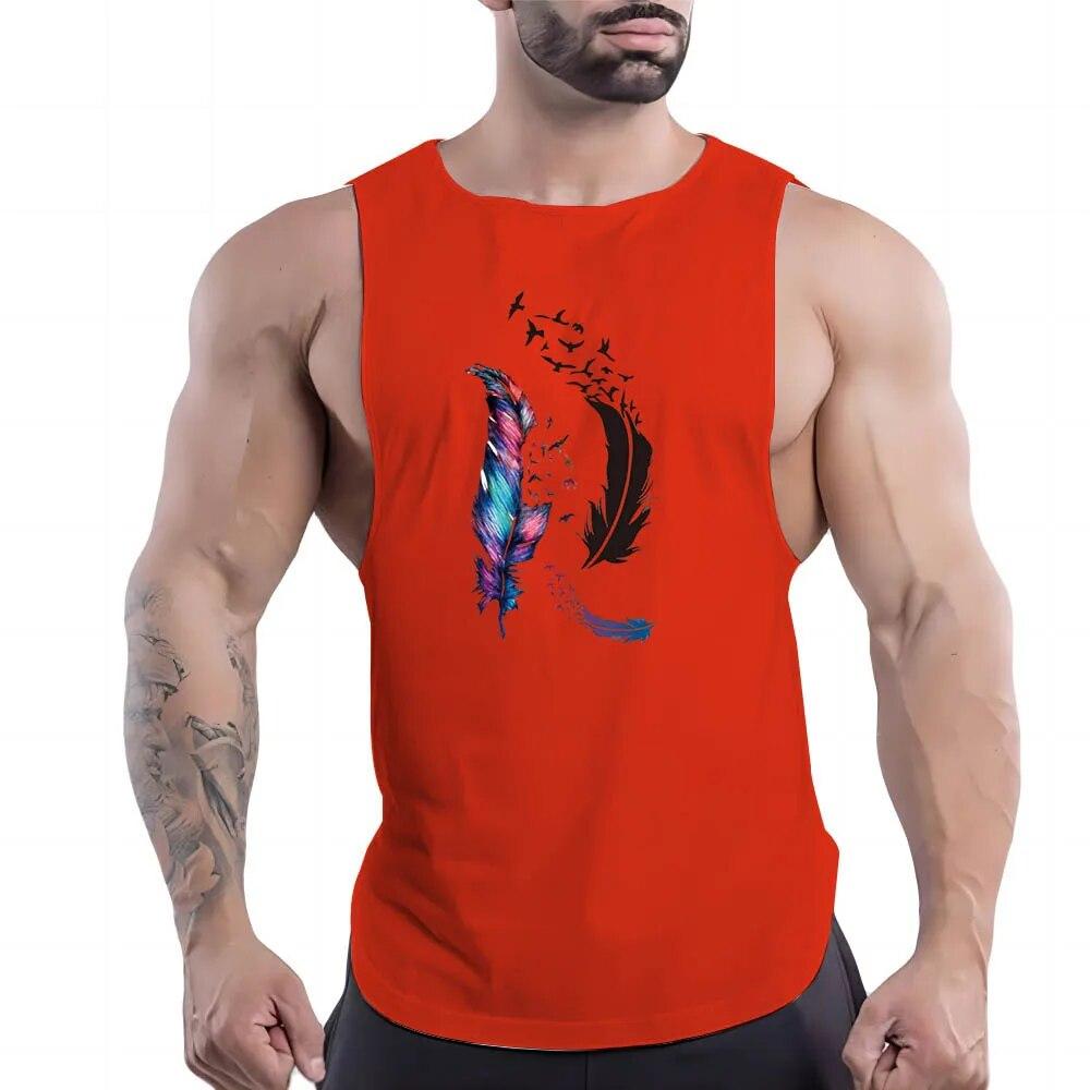 Summer Adult Men'S Outdoor Fitness Crew-Neck Vest Creative Feather Pattern 2d Print Breathable Comfortable Sleeveless Shirt