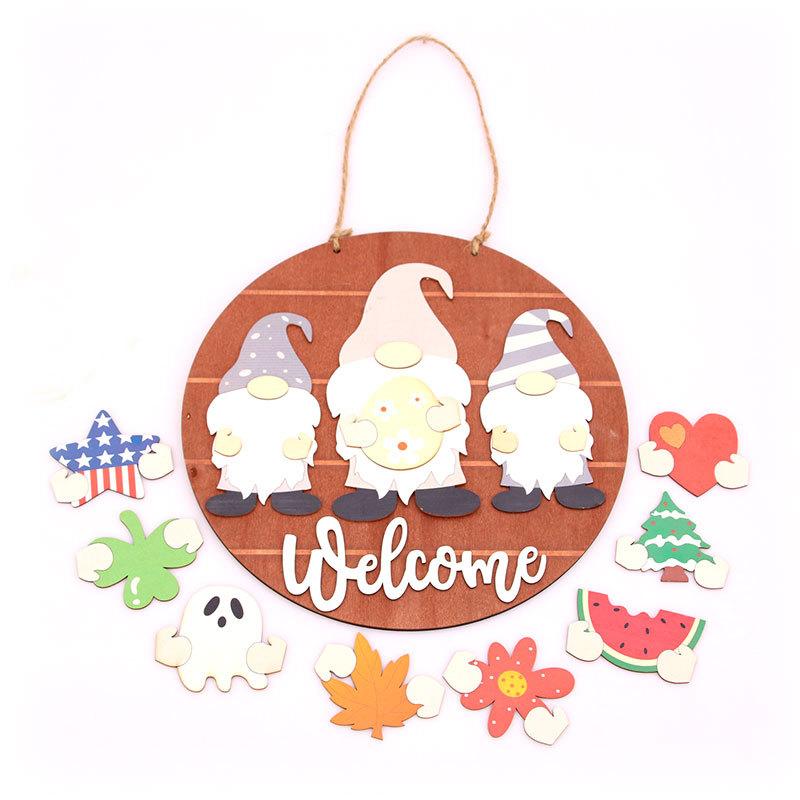 Christmas Wooden Three-dimensional DIY Replaceable Door Hanging Wreath Welcome Pendant Halloween Pendant