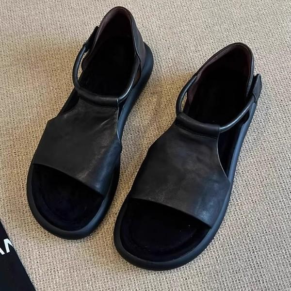 Soft Leather Version~~ Retro Casual Hollow Platform Open-toed Sandals Women's Summer New Versatile Soft-soled Heightening Roman Shoes