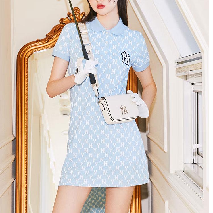 New MLB Base Logo Short Sleeved Dresses Women's Light Blue 3FOPM0223-50BLL