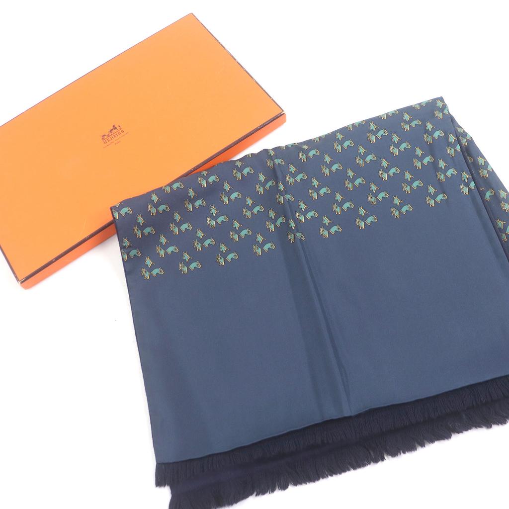 Excellent HERMES Scarf Horse Harness All-over Pattern Navy Silk Mens Used