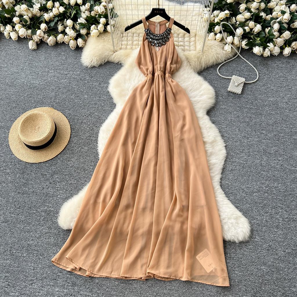 Été Femmes Luxe Diamants Sans Manches Uni Mousseline Vacances Plage Long Maxi Grande Évasée Débardeurs
