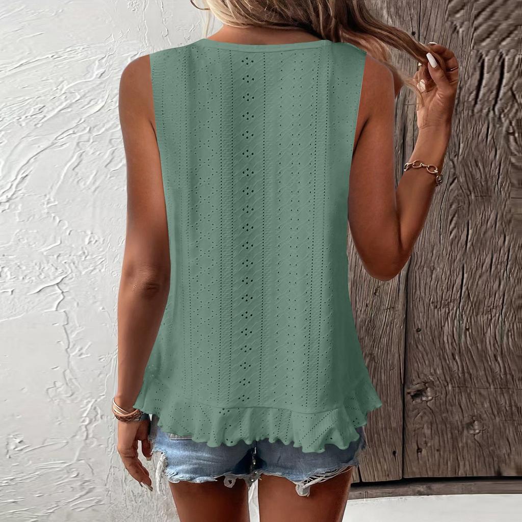 Tank Top For Women Summer Outfits V Neck T Shirts Trendy Eyelet Sleeveless Basic Beach Vacation Clothes