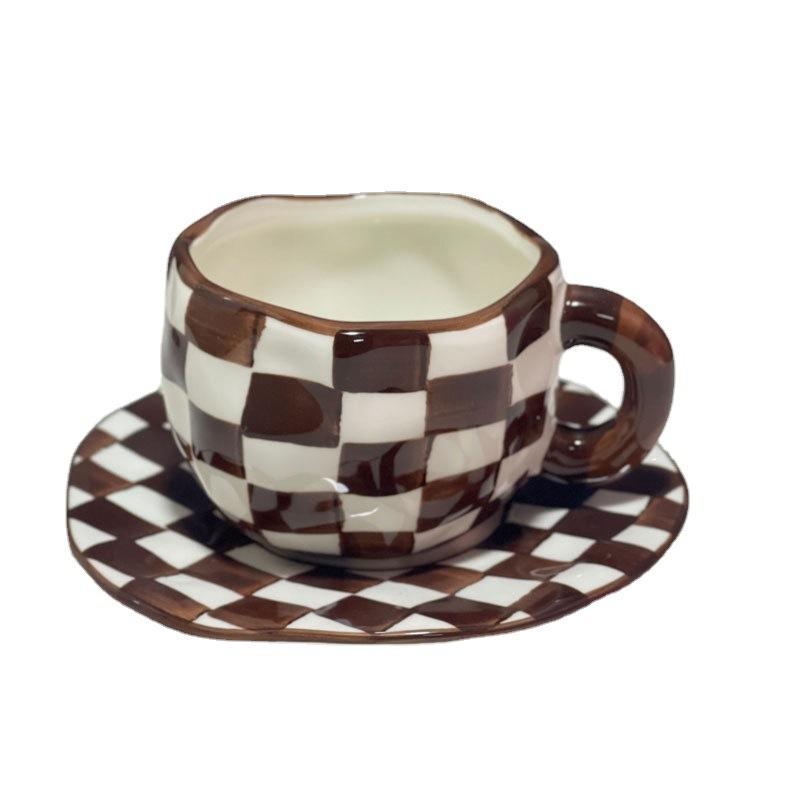 Underglaze Hand-Painted Hand-Pinched Irregular Brown Checkerboard Ceramic Coffee Cup Saucer Exquisite Afternoon Tea Cup Saucer Set