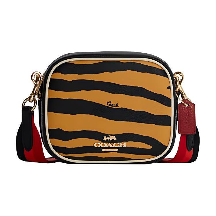 

Coach Mini Dempsey Tiger Print Camera Bag,Black Canvas Pebble Leather Gold Hardware Detachable Strap, Women s Daily Travel C6953-IMTKC Basic Set (Bag+Dust Bag)