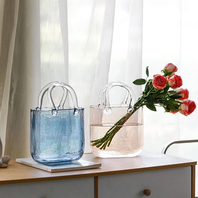 Trendige Glas-Handtaschen-Vase, Kreative Blasen-Fischglas-Blumenvase für Tischplatte, Hydroponische & Dekorative Blumen