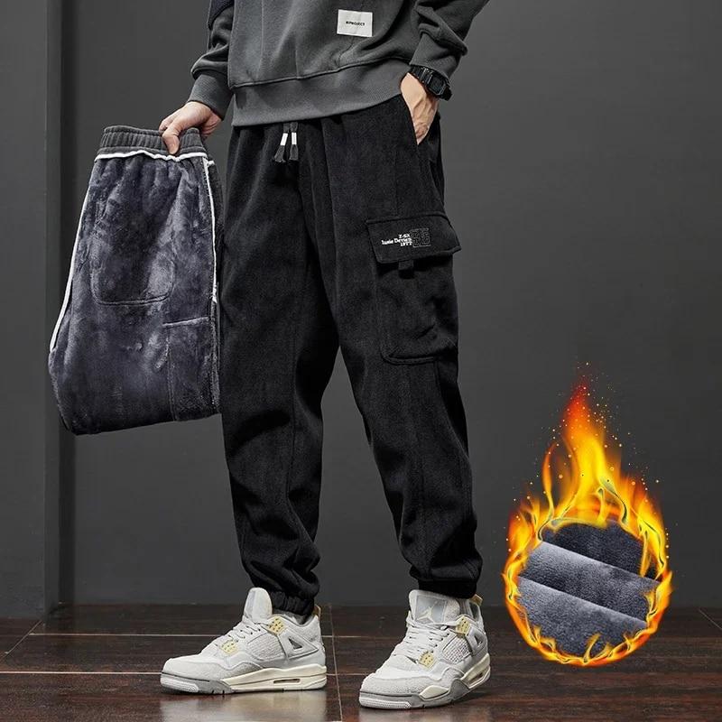 

Y2k винтажные мешковатые брюки, зимние утепленные теплые брюки для мужчин, флисовые брюки-карго длиной до щиколотки, шаровары, брюки большого размера 2XL чёрный