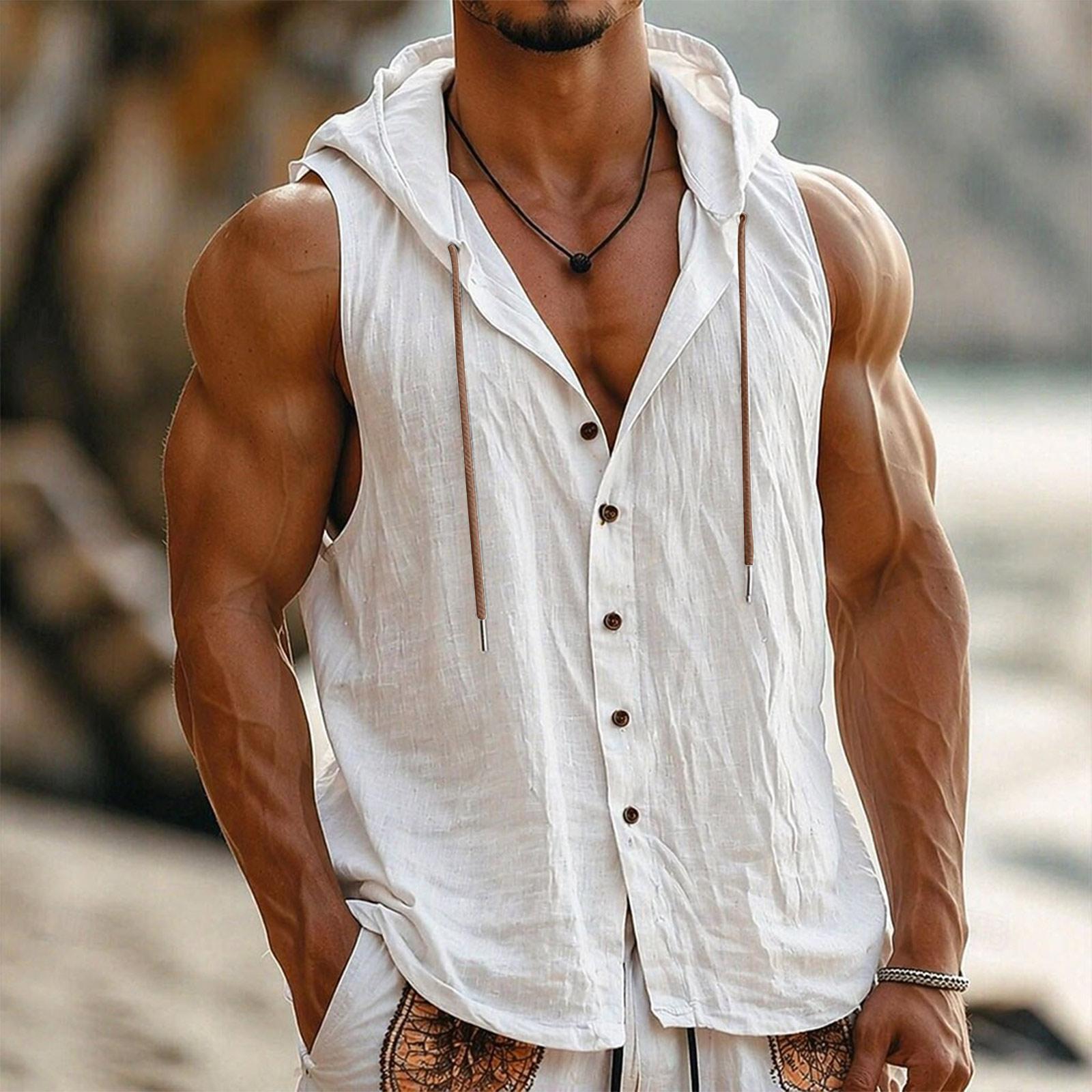 

Men Sleeveless Hooded Vest Button Front Linen Cotton Blend Casual Lightweight Summer Shirt Outerwear L