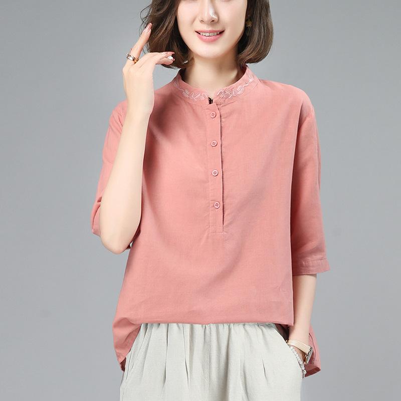Women s Mandarin Collar Short Sleeve Blouse Straight Fit Elegant Embroidered Cotton Casual Summer Shirt Top M