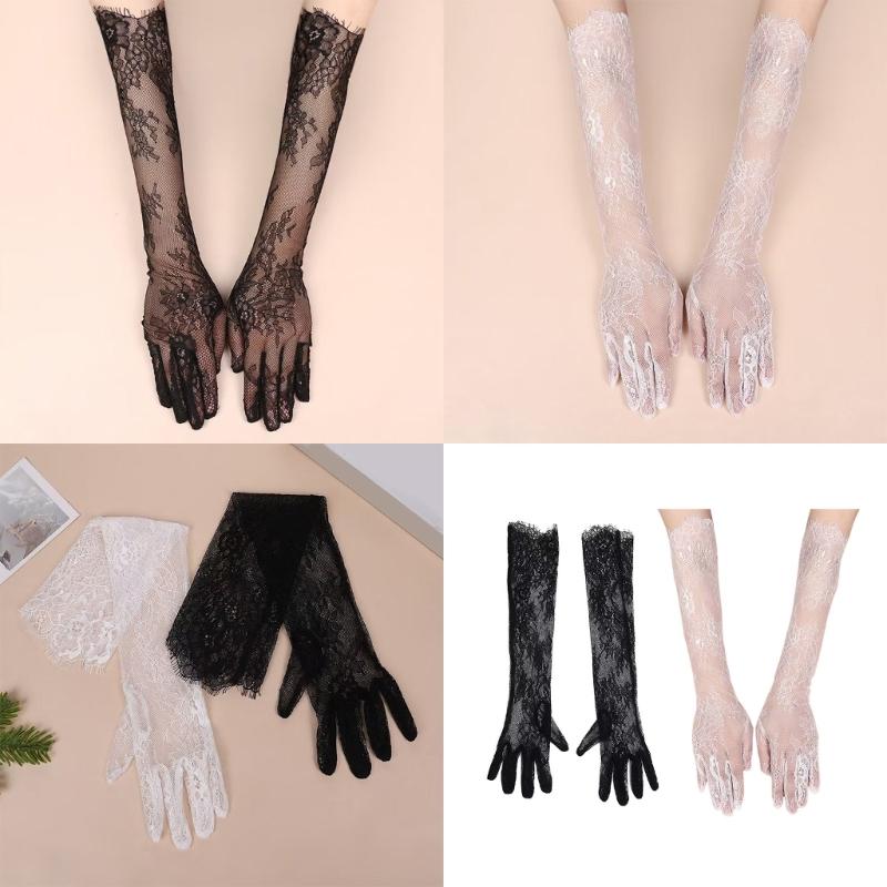2pcs Stylish Long Arm Gloves Breathable Lace Gloves Stretchy Polyester Gloves for Evening Parties Weddings