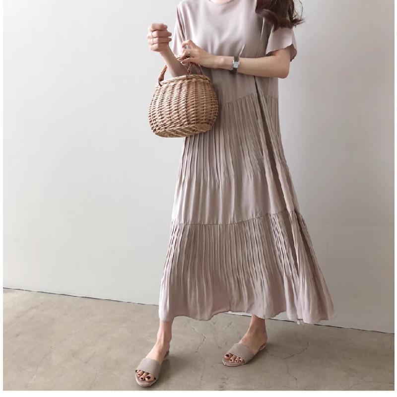 Summer Solid-color Round Neck Pleated Short Sleeved Dress