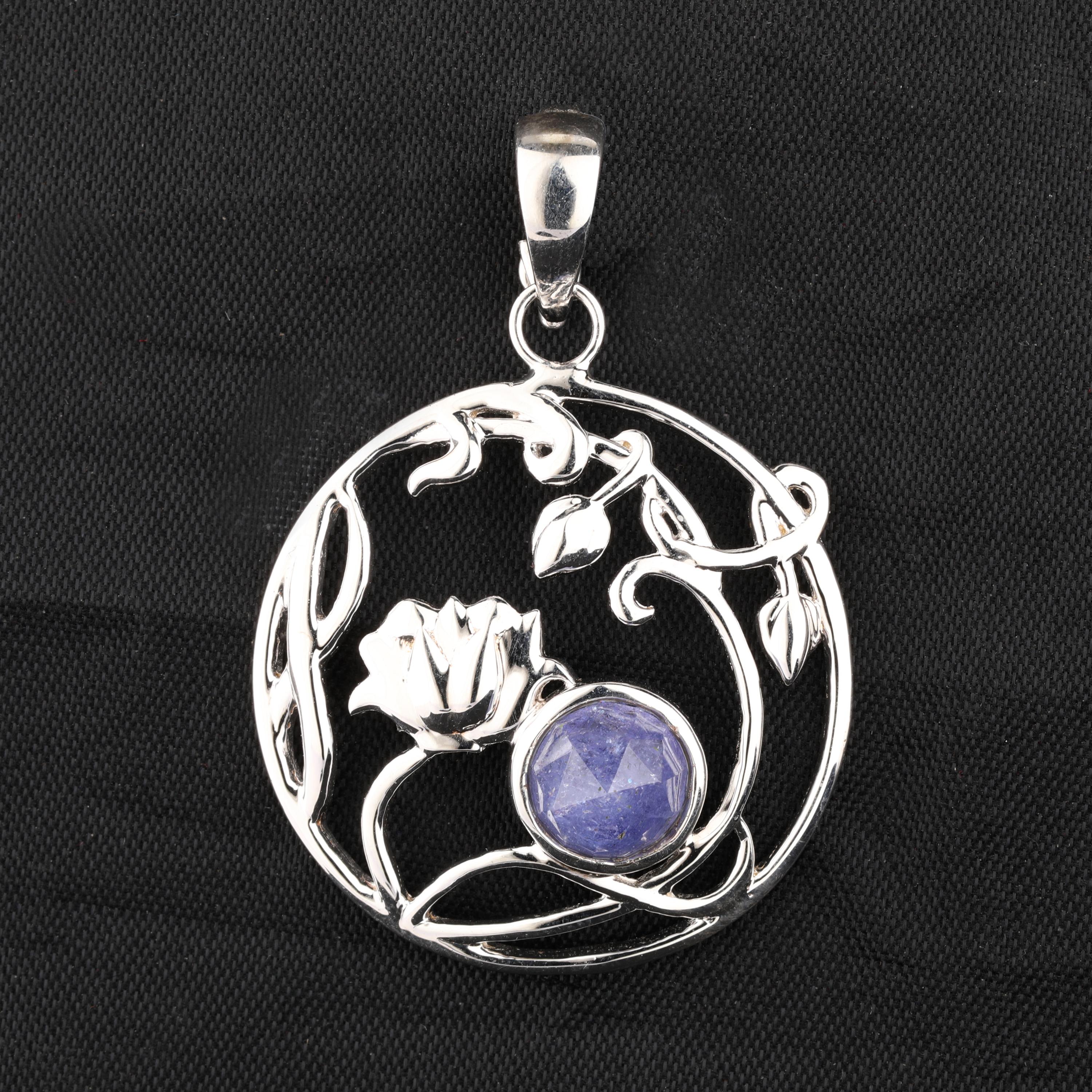 

Included Tanzanite Rose Cut Pendant 925 Sterling Silver Rhodium Plated Round Fine Jewelry Gift for Her срібний