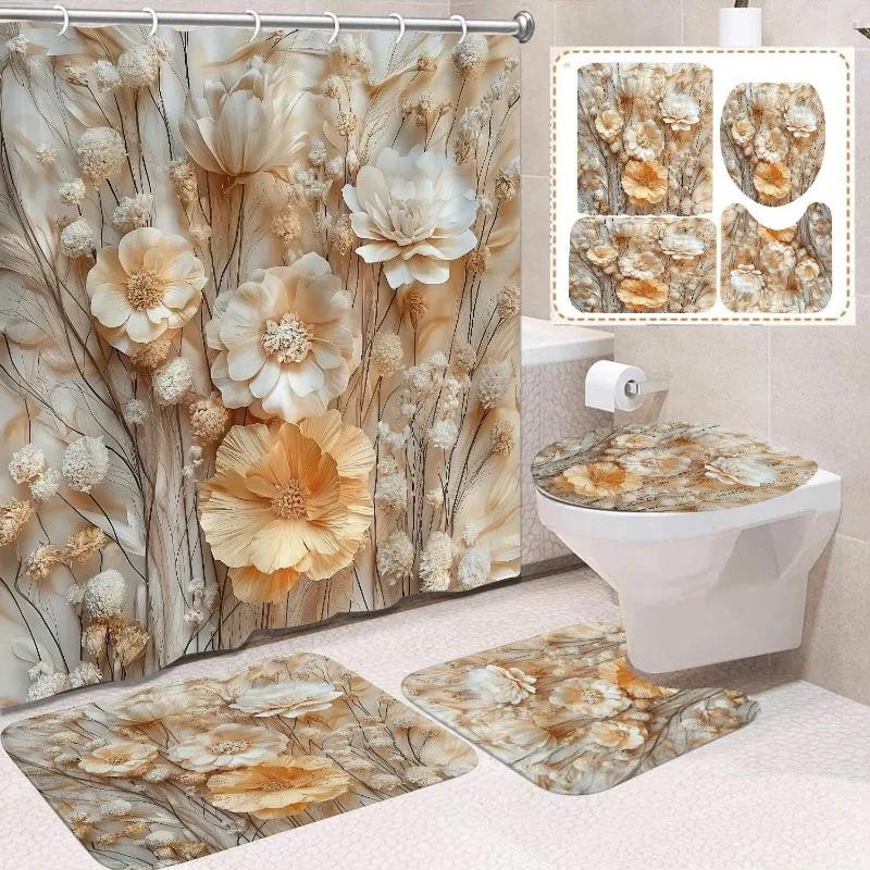 1/4 Stuks Waterdicht en schimmelbestendig Douchegordijn Luxe met Haak Douchegordijn met antislip mat U-vormige mat toiletdekselhoes