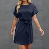 Womens Summer Short Dresses O Neck Casual -Short Sleeve Belted Dress For Women