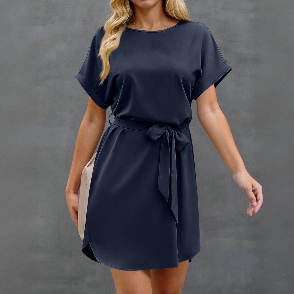 Womens Summer Short Dresses O Neck Casual -Short Sleeve Belted Dress For Women