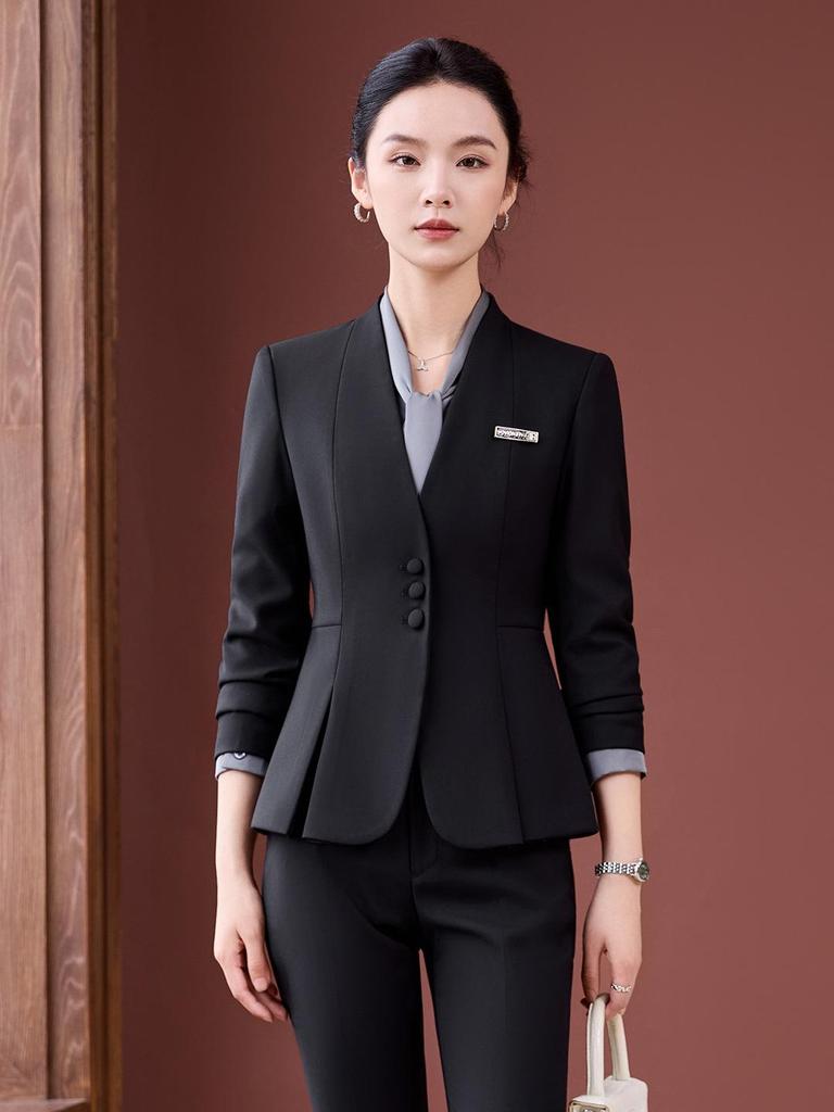 Elegant Collarless Women's Suit Set for Hotel Manager & Receptionist Spring/Autumn Workwear