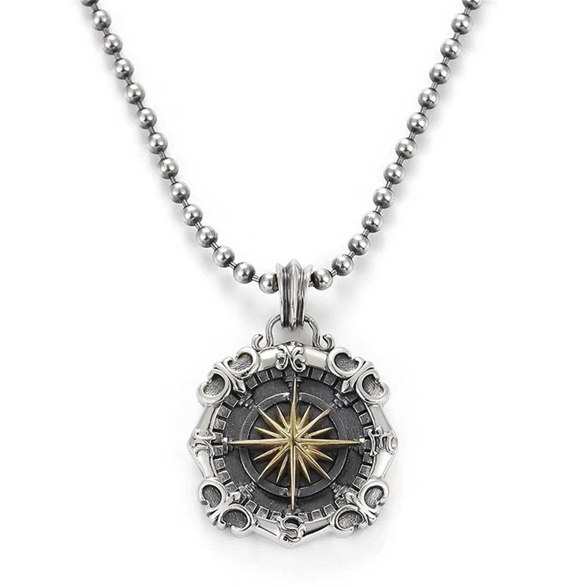 Copper Electroplated Gold Vintage Great Voyage Star Anchor Necklace Men s Trendy Retro Fashion Compass Pendant Pure Silver Jewel Anchor Necklace(Come-WHITE