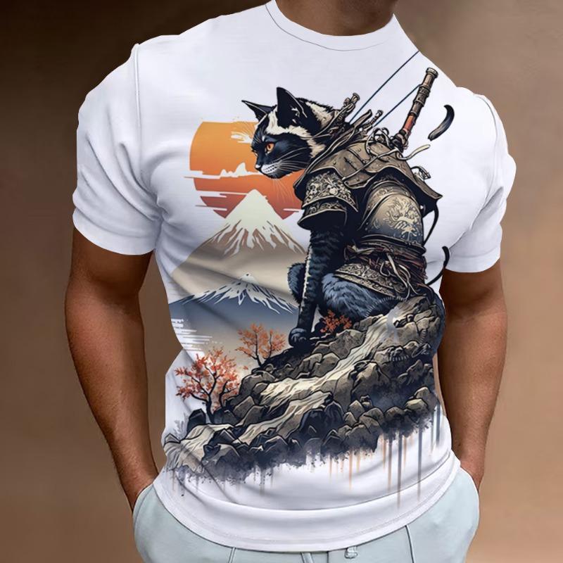 New Retro Men's T-Shirt 3d Samurai Cat Print Short Sleeve T-Shirt For Men Fashion Oversized Man Clothes