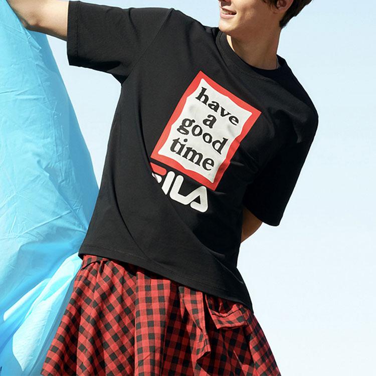 Fila X Have A Good Time Letter Print Big Logo Sports Casual Macaron Style Colorful Fashion Short Sleeve Drop Shoulder T-Shirt F11U229103F-BK