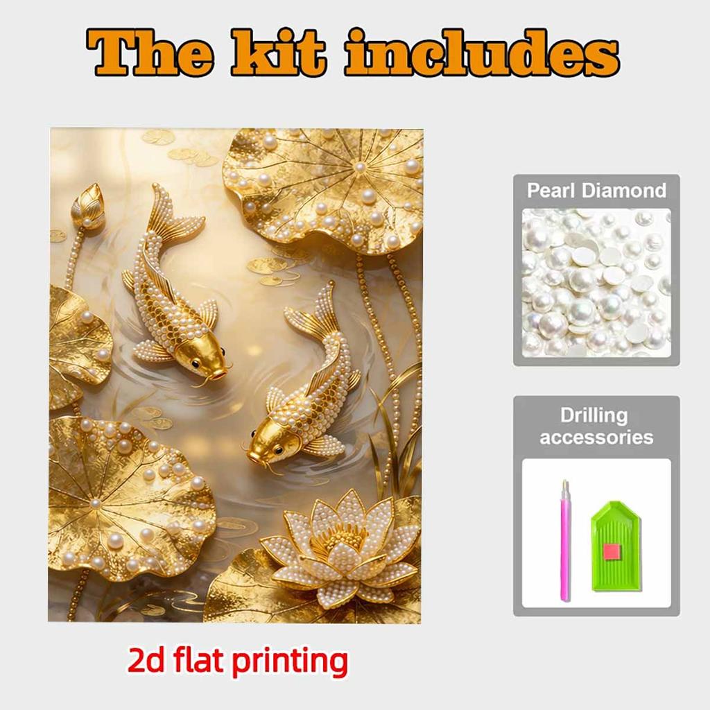 Crystal Pearl Painting 5D DIY Frame Decoration Painting Golden Koi Fish Home Wall Decoration Transparent Pearl Gemstone Painting Picture Art Crafts