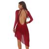 Womens Long Sleeve Skating Dress Sparkle Rhinestone Backless Irregular Hem Side Fringe Leotard Gymnastics Costume