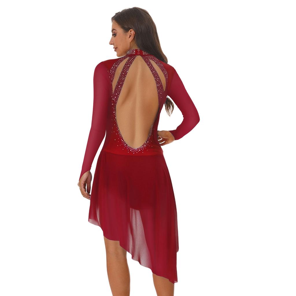 Womens Long Sleeve Skating Dress Sparkle Rhinestone Backless Irregular Hem Side Fringe Leotard Gymnastics Costume