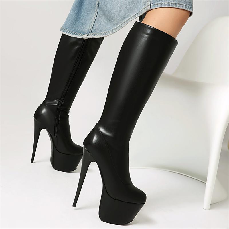Black Women's Knee High Boots Platform Sexy 2025 Winter Shoes Zipper Sexy Thin Heeled Long Fetish Party Boot Ladies Big Size 45