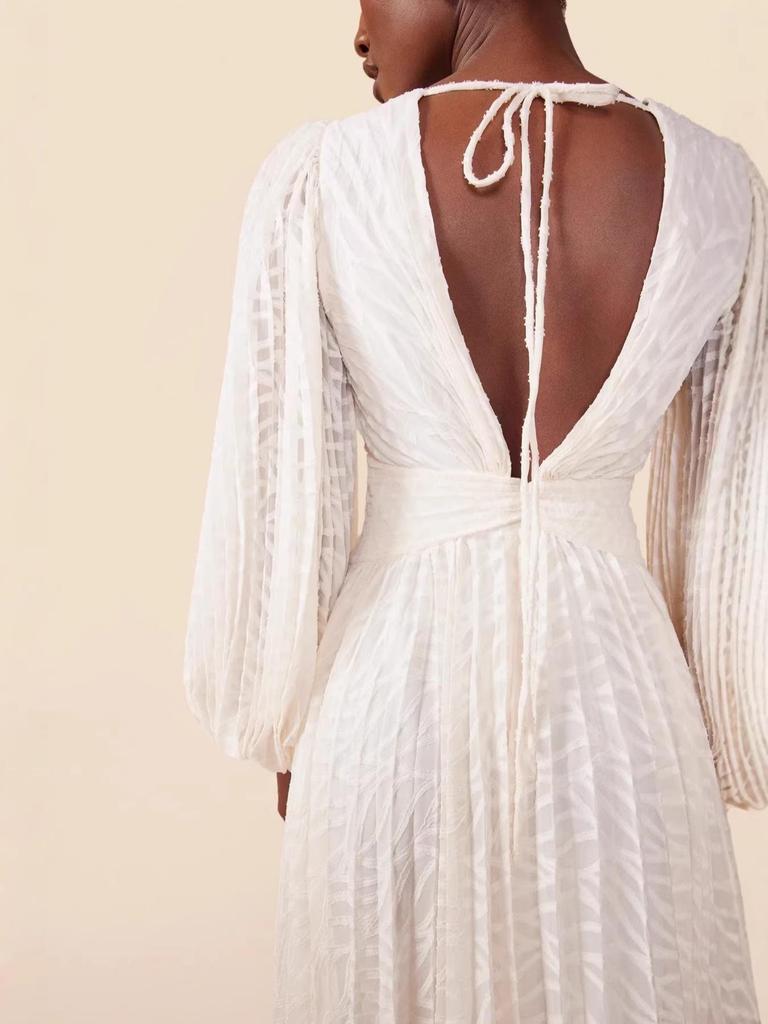 European American Women's Long Sleeve Jacquard Evening Gown with Pleated Lantern Sleeves 8171