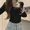 Einfarbiges, schmales T-Shirt mit langen Ärmeln und U-Ausschnitt: 2024 Herbst Koreanischen Stil frauen Top