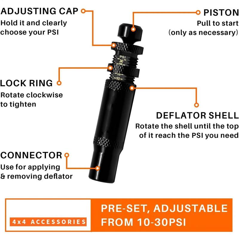 4 Stück Offroad-Reifenluftdruckminderer Ventil-Kit Auto-Stopp-Reifenluftdruckminderer 10-30 PSI Aufschraubbares Reifenluftablasswerkzeug für Auto Reifenfüller Werkzeug