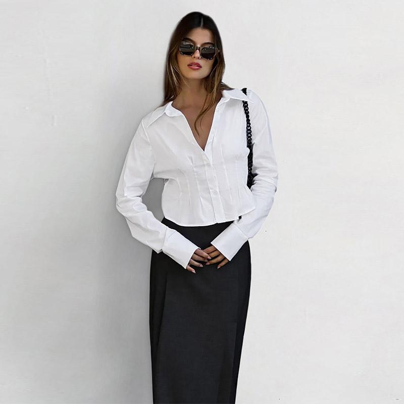 Plissert Slim Fit Topp Dame Bomullsskjorte Pendler Polokrage Langermet Ensfarvet Bluser Enkeltspent Kort Topp Elegant Kontordame Sommer